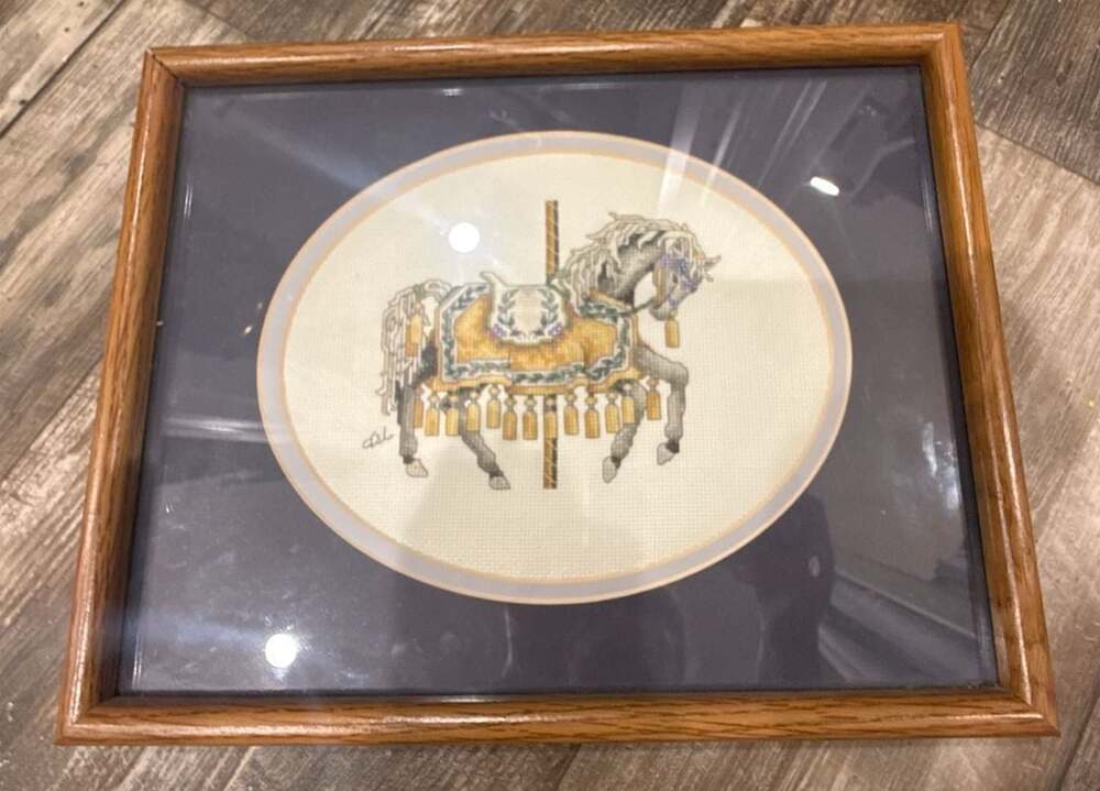 Teresa Wentzler Framed Cross Stitch Carousel Horse Art